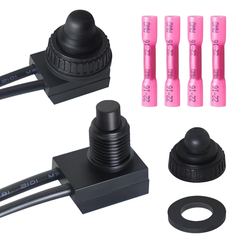 Gephynm 2PCS Waterproof Switch 12v, ON/Off SPST Waterproof Push Button Switch with 4.6 inch Lines for Auto, Motorcycle, RV, ATV and Boat (Black) KP-107 - Image 1